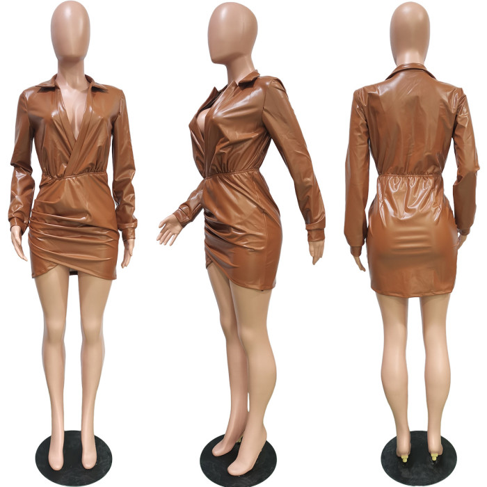 V Neck Faxu Leather Sexy Mini Tight Dress