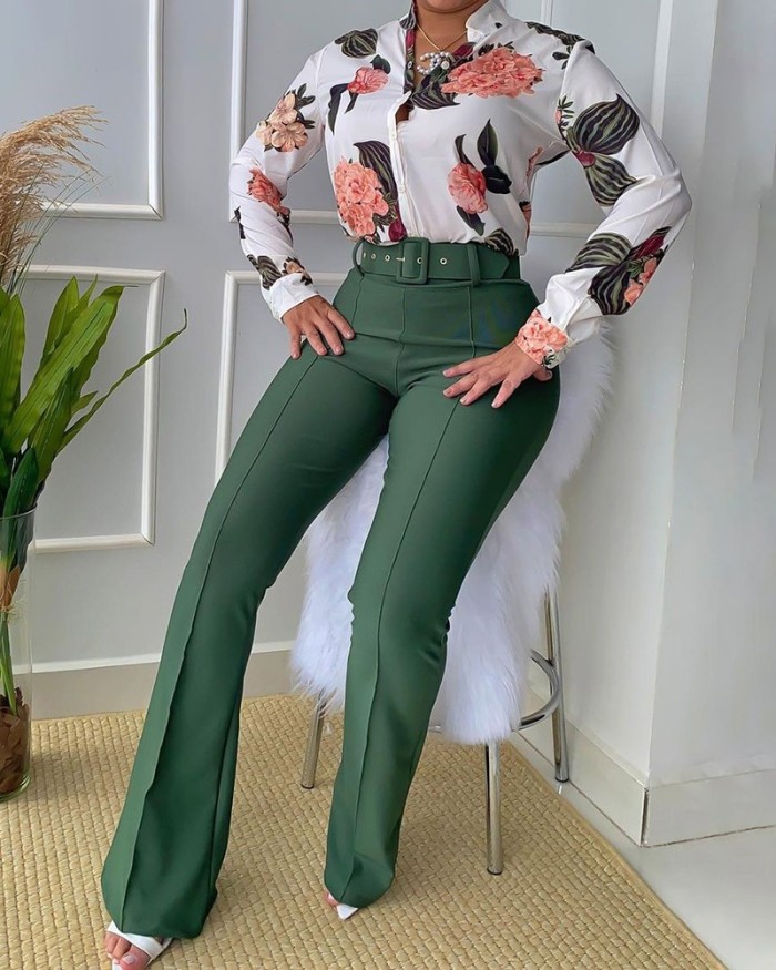 Women Spring Commuting Suit Printed Stand-up Collar Long-sleeved Blouse and Wide-leg Pants Two-piece Set