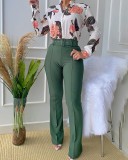 Women Spring Commuting Suit Printed Stand-up Collar Long-sleeved Blouse and Wide-leg Pants Two-piece Set