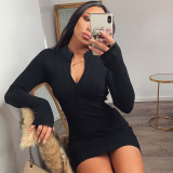 S-5XL Zipper V Neck Ribbed  Short Dress