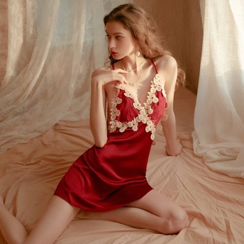 IHOOV Sexy Night Dress Lingerie Backless Lace Nightwear Silk Nightgowns