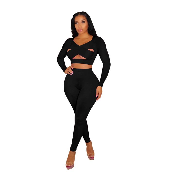 Sexy Cut Out Tight Crop Top and High Waist Pants Set