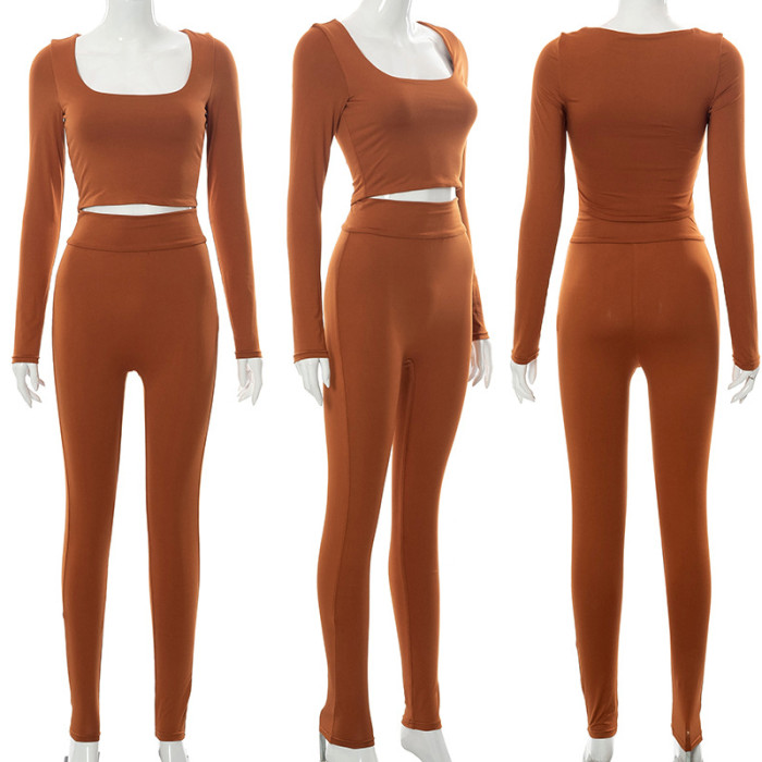 Solid Color Square Neck Crop Top With High Waist Leggings