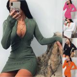 S-5XL Zipper V Neck Ribbed  Short Dress