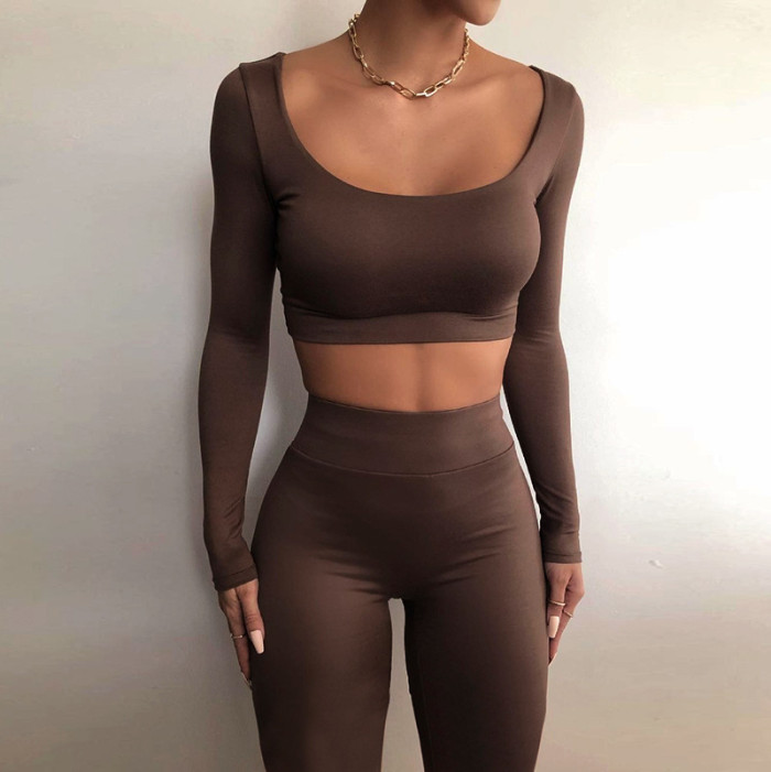 Solid Color Square Neck Crop Top With High Waist Leggings