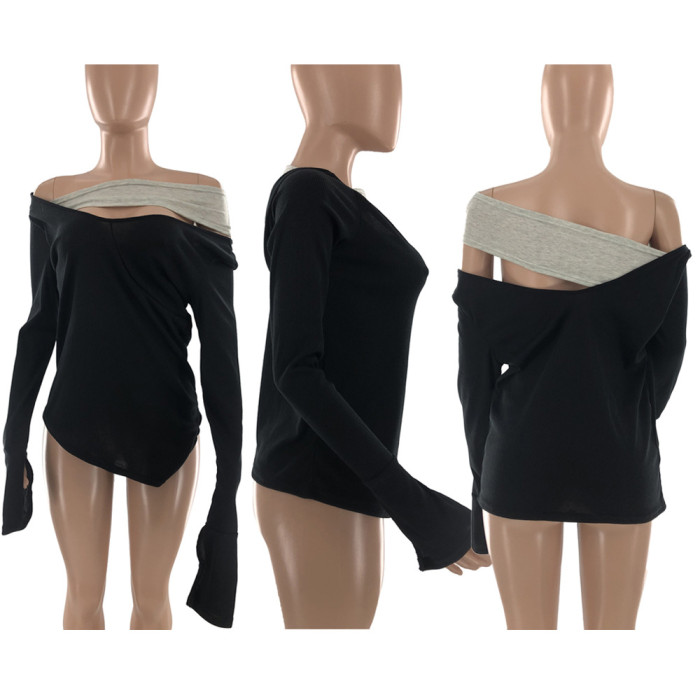 Strapless Long Sleeve Color Block Knitted Top