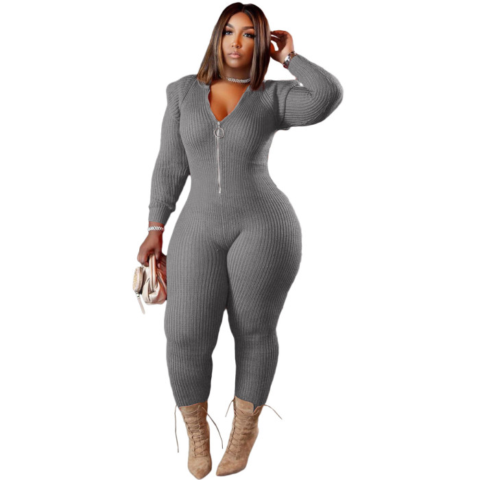 Knitting Front Zipper Bodycon Jumpsuit