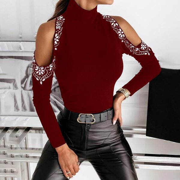 Sexy Solid Color Hot Drill Cut Out Shoulder Shirt