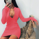 S-5XL Zipper V Neck Ribbed  Short Dress