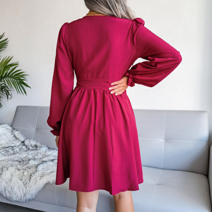 Women's Chiffon Skirt V-neck Lantern Sleeve Solid Color Casual Dress
