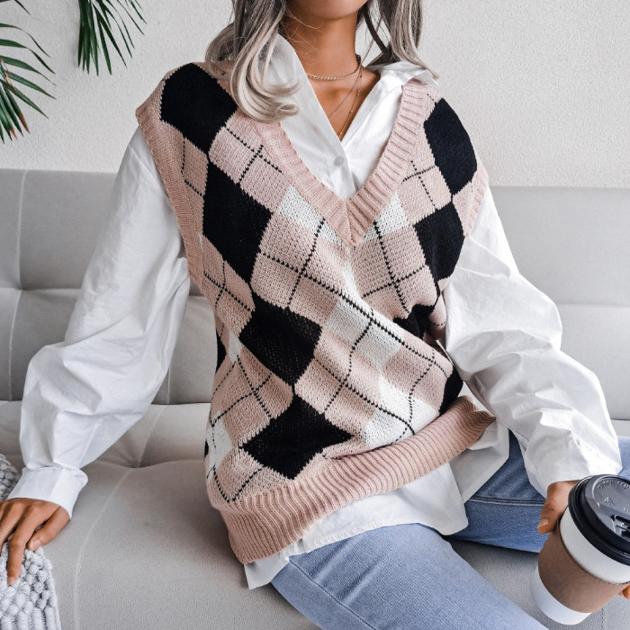 Women V-Neck Color Argyle Plaid Sweater Vest