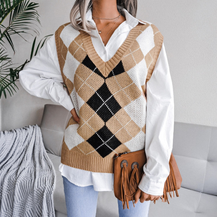 Women V-Neck Color Argyle Plaid Sweater Vest