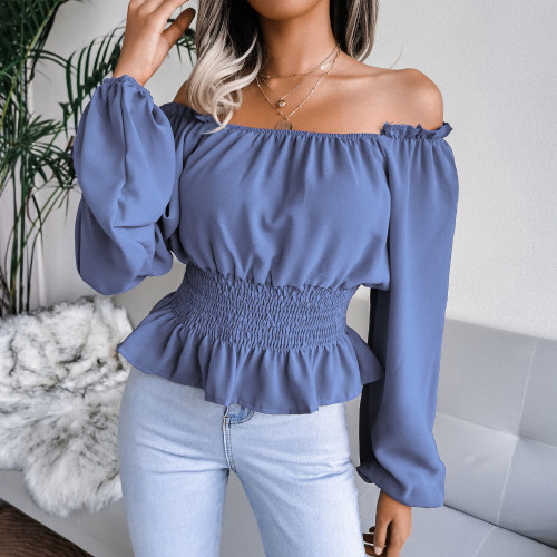Women Sexy Solid Color Shirt Puff Sleeve Top