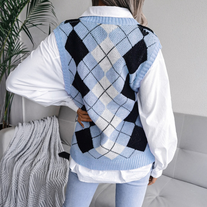 Women V-Neck Color Argyle Plaid Sweater Vest