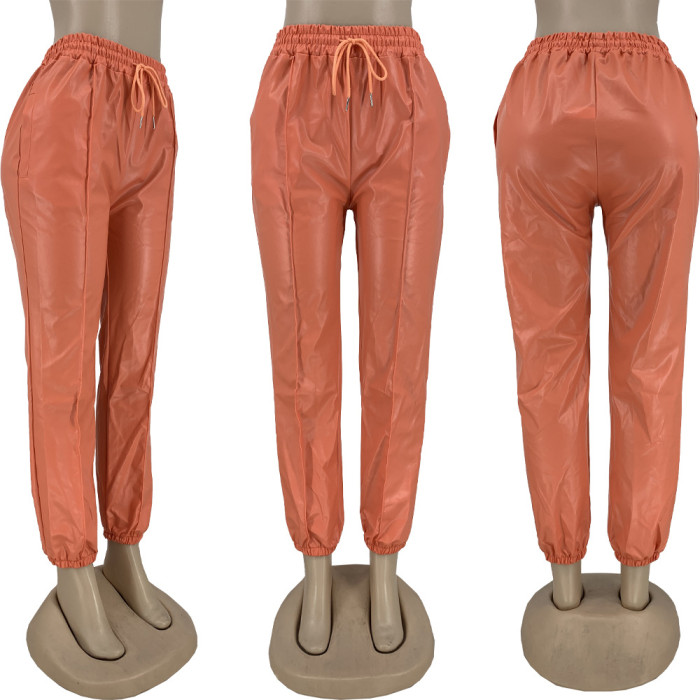 Drawstring Pu Leather Cargo Pant Solid Trousers