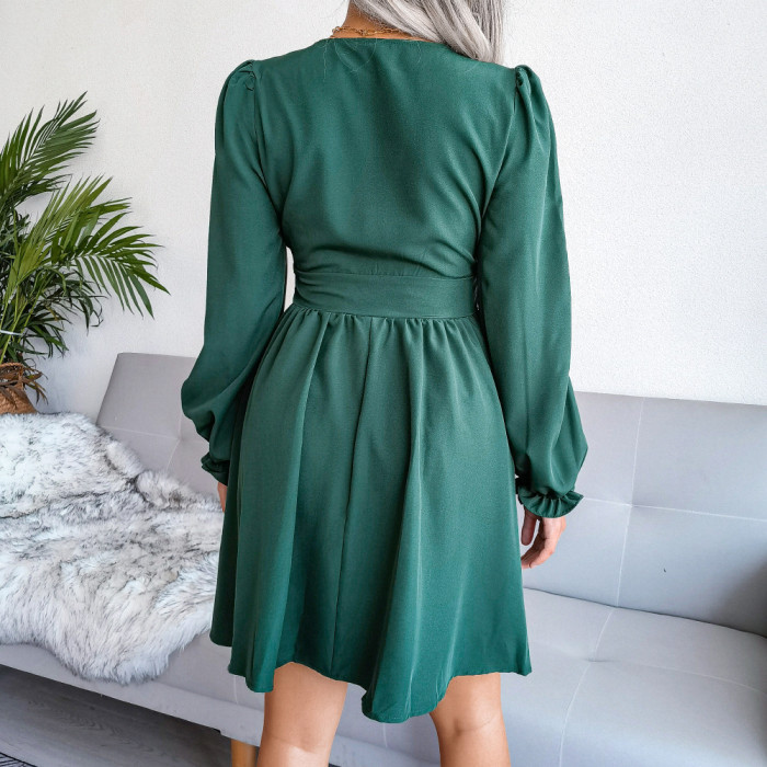 Women's Chiffon Skirt V-neck Lantern Sleeve Solid Color Casual Dress