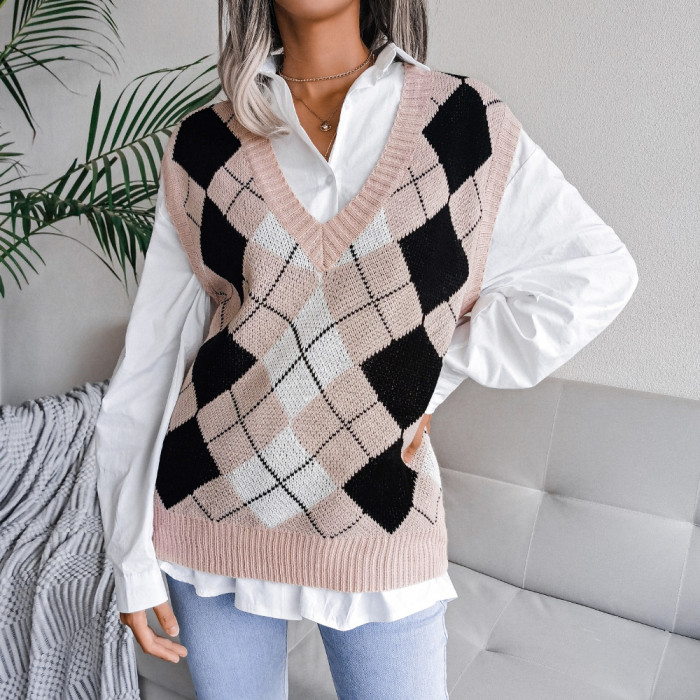 Women V-Neck Color Argyle Plaid Sweater Vest