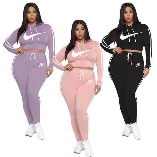 Casual Printed Side Parallel Sportswear Plus Size Hoodie Set For Women