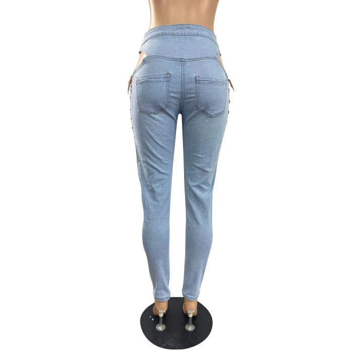 Wholesale Lace Up Bandage Denim Pants Skinny Women Chic Jeans