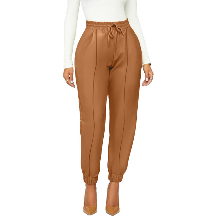 Drawstring Pu Leather Cargo Pant Solid Trousers