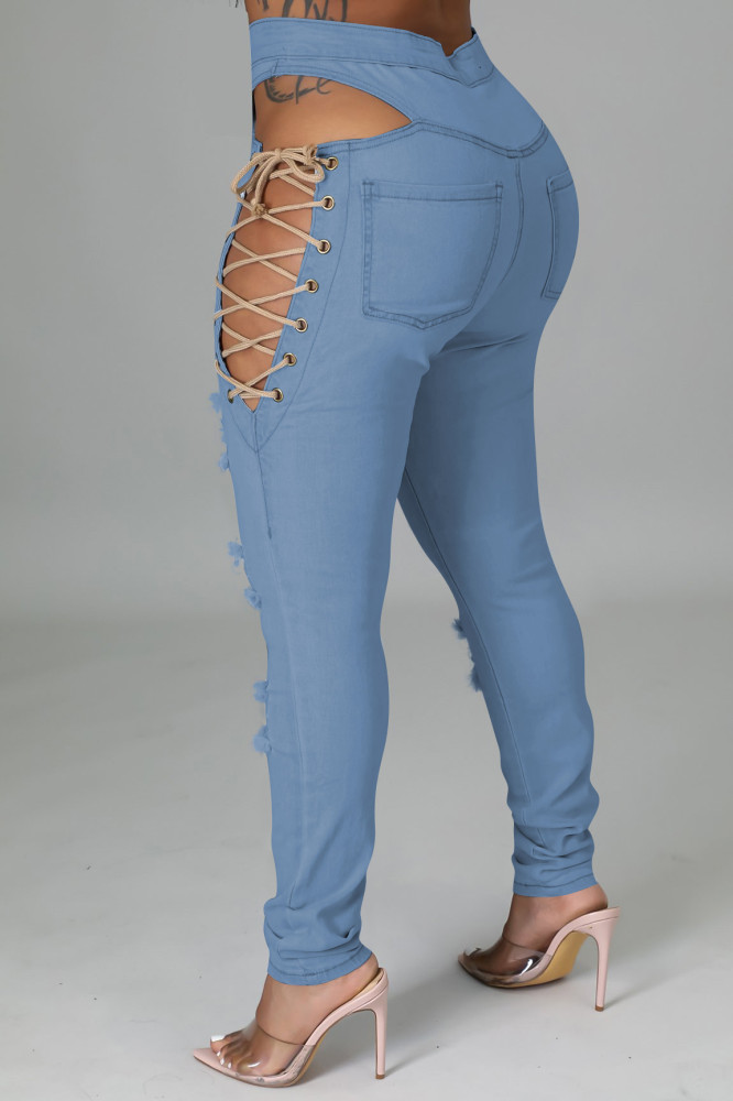 Wholesale Lace Up Bandage Denim Pants Skinny Women Chic Jeans