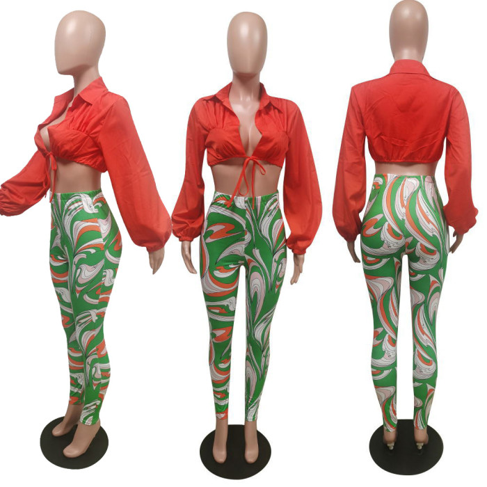 Sexy Club Outfits Women Streetwear Lantern Sleeve Shirt and Printed Leggings Set