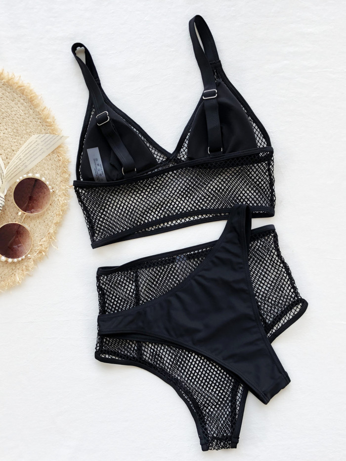 Black Mesh Hollow Out 3 Piece Swimwear