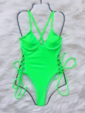 Drawstring Solid One Piece Swimwear