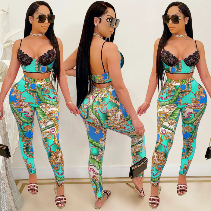 Lace Bra Top And Print Pant 2 Piece Outfit