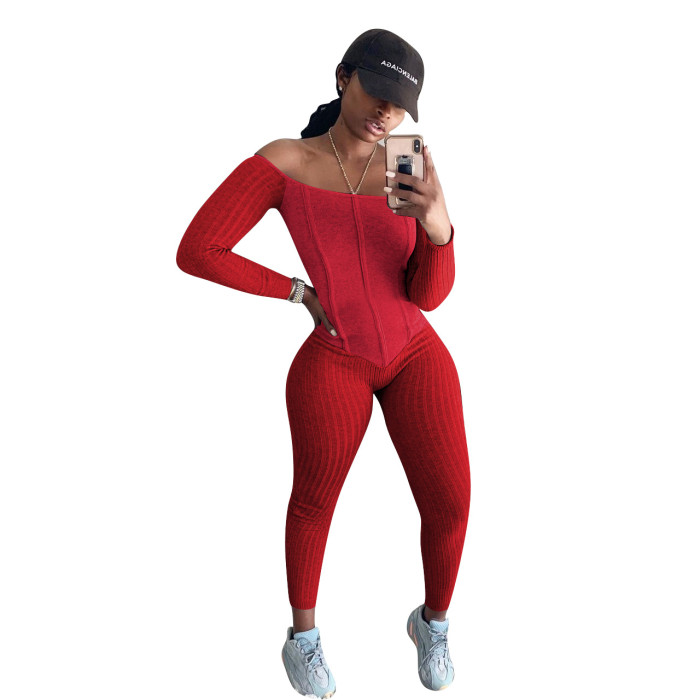 Off Shoulder Long Sleeve Sexy Tight Ribbed Jumpsuit