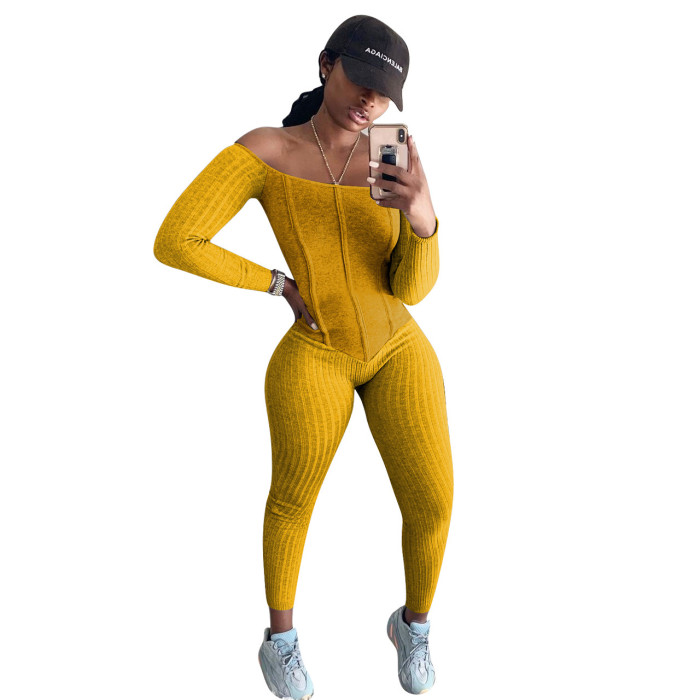 Off Shoulder Long Sleeve Sexy Tight Ribbed Jumpsuit