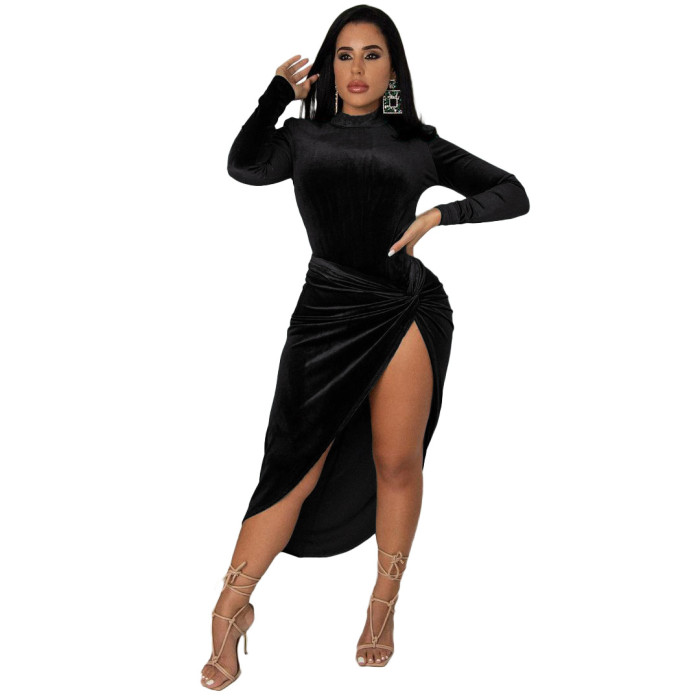 Velvet High Collar Bodysuit and Knotted Skirt Two Piece Set