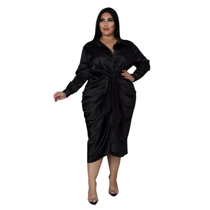 IHOOV Plus Size Turndown Collar Ruched Tied Button Up Chic Blouse Dress