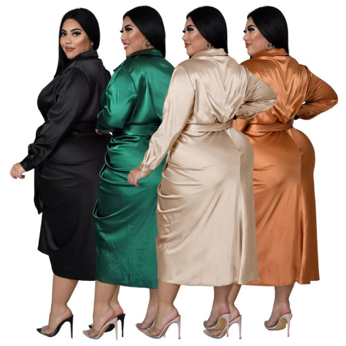 IHOOV Plus Size Turndown Collar Ruched Tied Button Up Chic Blouse Dress