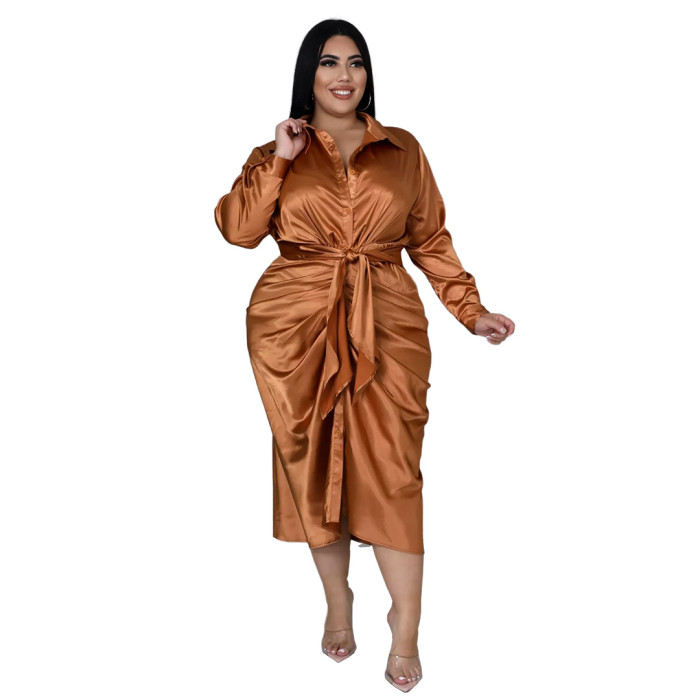 IHOOV Plus Size Turndown Collar Ruched Tied Button Up Chic Blouse Dress