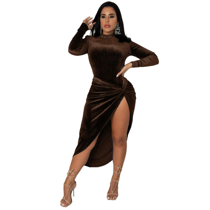 Velvet High Collar Bodysuit and Knotted Skirt Two Piece Set