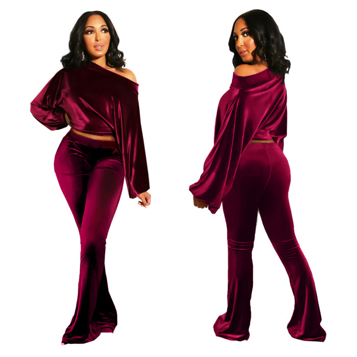 Causal Solid Long Sleeve Crop Top And Pant Set