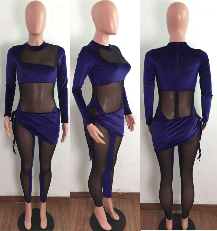 Velvet Mesh Stitching Strap Sexy Long Sleeve Jumpsuit