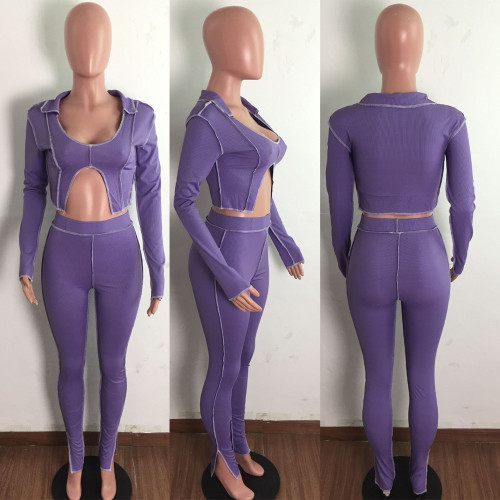 Irregular Collar Long Sleeve Crop Top And Pant Two Piece Set