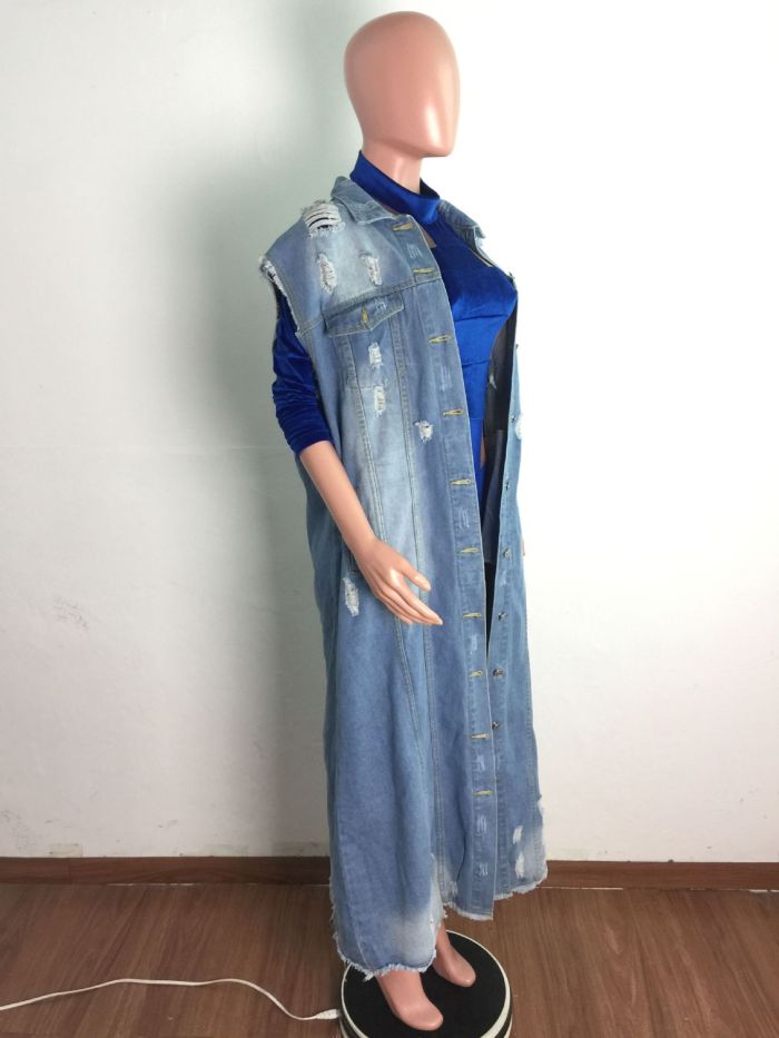 Spring Casual Blue Sleeveless Ripped Long Jeans Coat