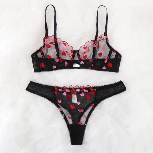 Heart Embroidered Mesh Underwire Lingerie Set