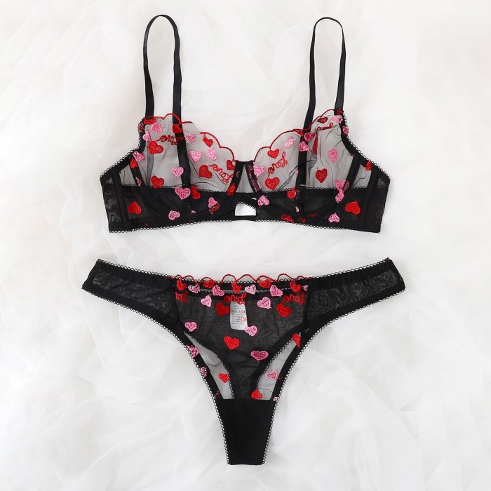 Heart Embroidered Mesh Underwire Lingerie Set