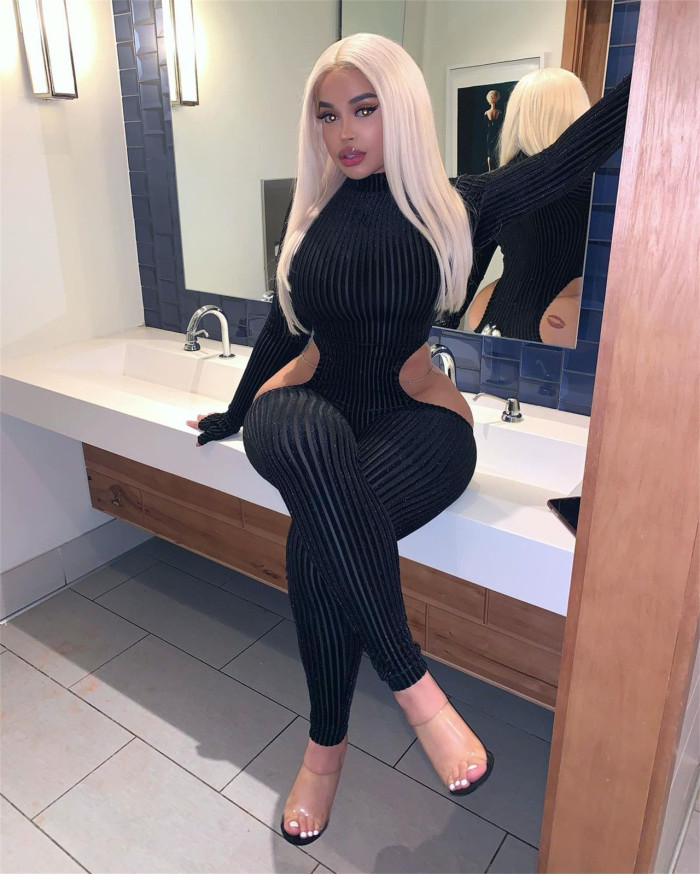 High Neck Long Sleeves Cut Out Sexy Tight Fit Long Velvet Jumpsuits
