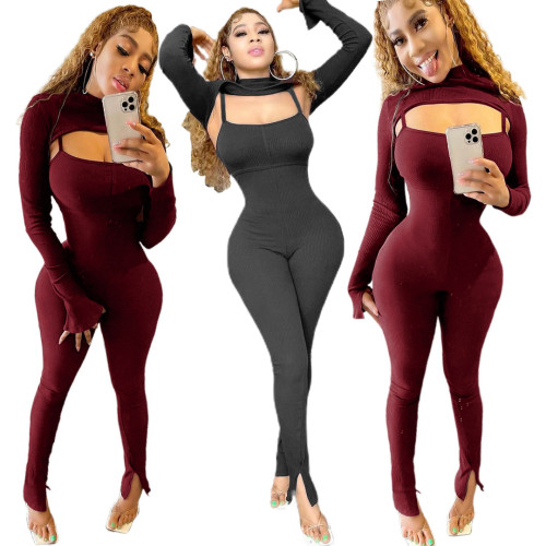 Women Sexy Bodycon Jumpsuit - 2 Piece Outfits Long Sleeve Ribbed Tops Straps Club Jumpsuit