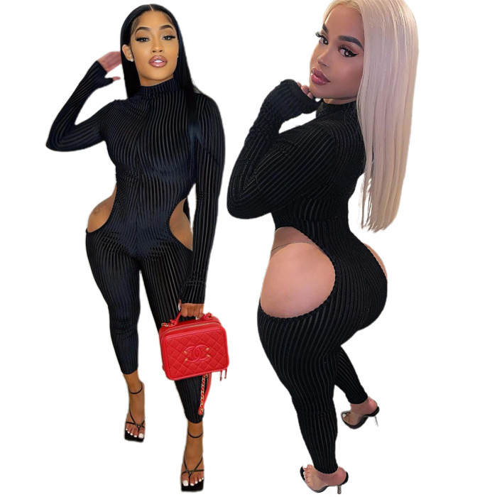 High Neck Long Sleeves Cut Out Sexy Tight Fit Long Velvet Jumpsuits