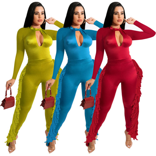 Solid Color Sexy Tassel Zipper Jumpsuit Women's Cloth
