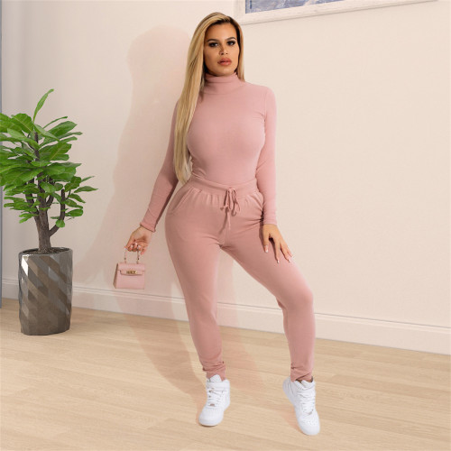 Women Set Street Casual Style Top+ Long Pants Long Sleeve Round Neck Top Elastic Pockets Long Pants