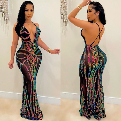 Sexy Multicolor Sequins Plunge V-neck Backless See Through Straps Mermaid Evening Dress