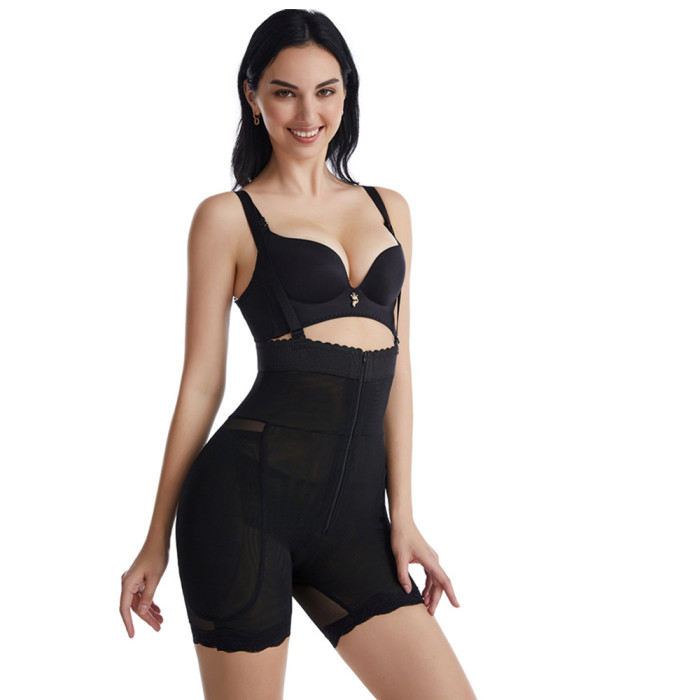 Women Thing High Waisted Breathable Polyester Corsets Tummy Crotchless Shorts Shapewear With Hooks And Zipper