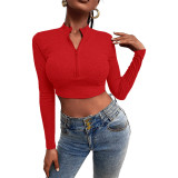 Knit Zipper Slim Long Sleeve Short T-shirt